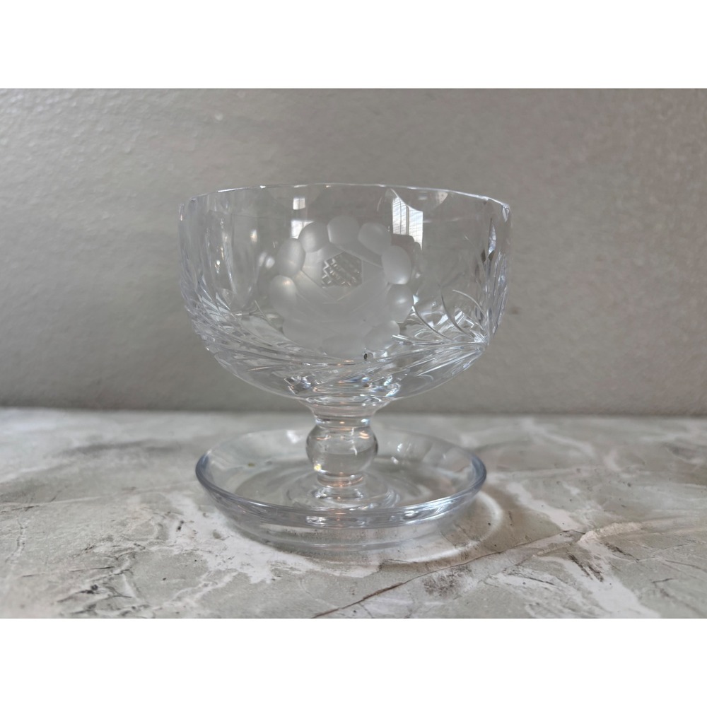 Vintage Etched Crystal‎ Footed Dessert Bowl Frosted Rose Floral Pedestal Glass